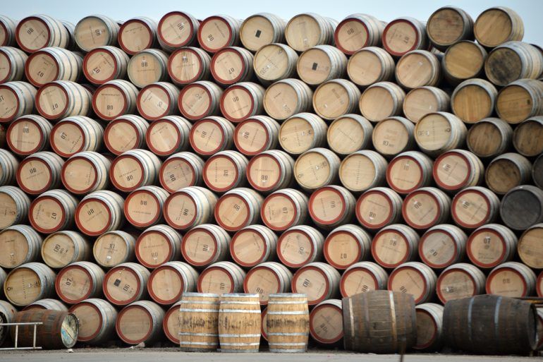 Different casks stacked at the Cambus cooperage